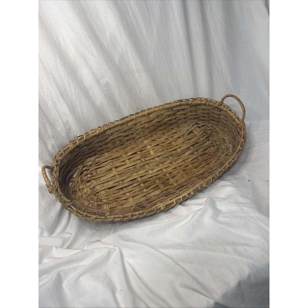 Antique Large Oval Oak Wood Splint Gathering Baguettes Basket Handles Primitive